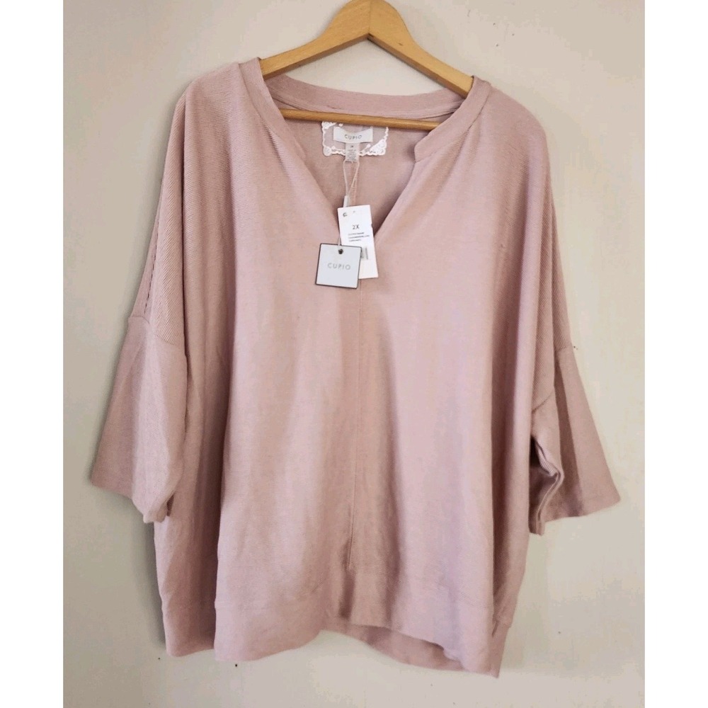 NWT Cupio Womens 2X Cashmere Blush 3/4 Sleeve Knit Ribbed Oversized Top Shirt